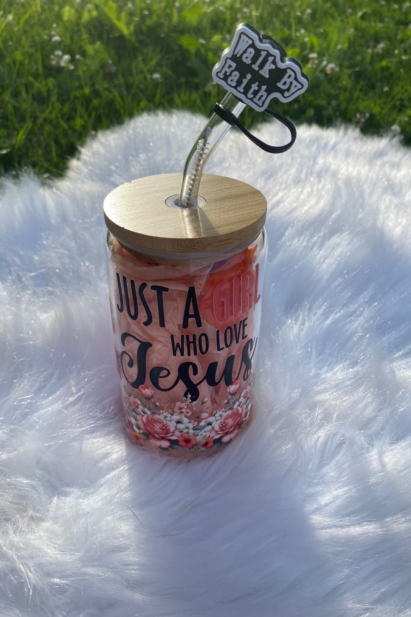 JUST A GIRL WHO LOVES JESUS GLASS JAR