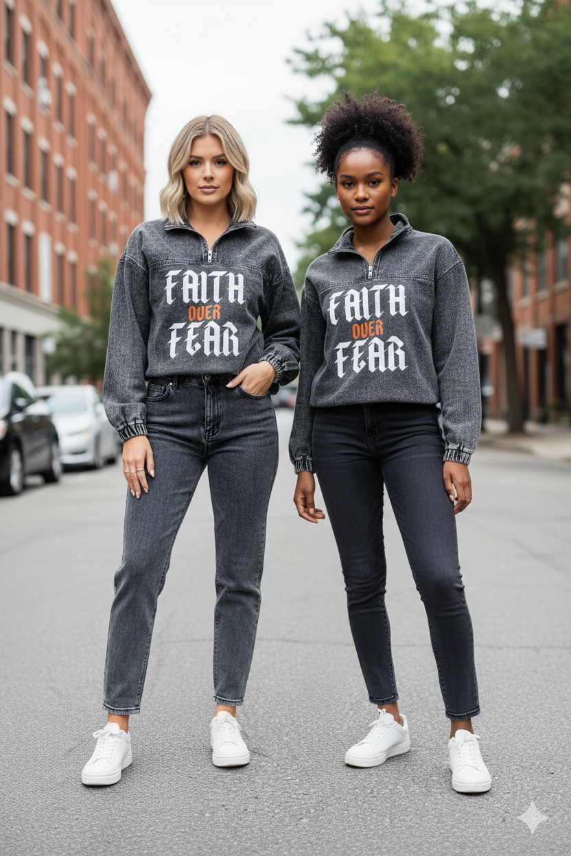 FAITH OVER FEAR DENIM HOODIE