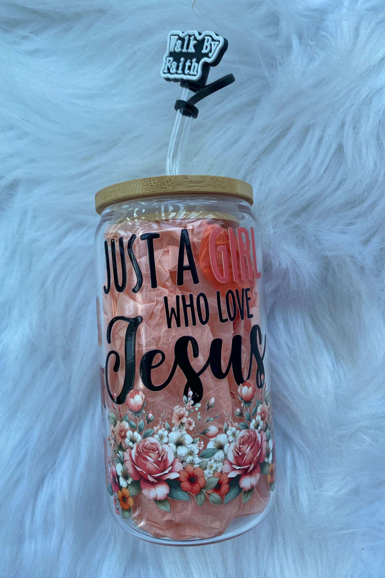 JUST A GIRL WHO LOVES JESUS GLASS JAR