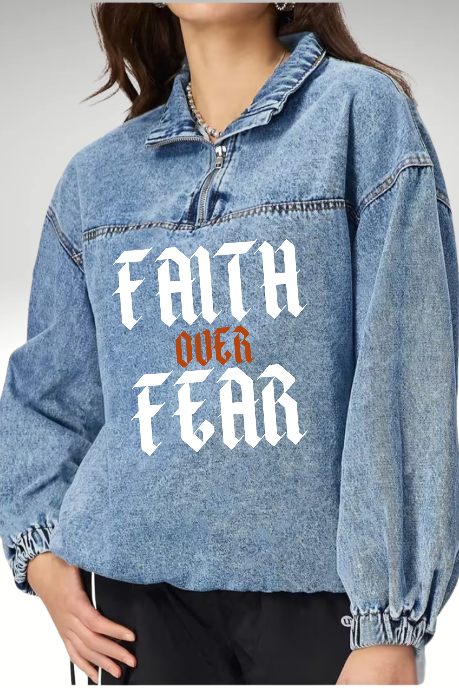 FAITH OVER FEAR DENIM HOODIE