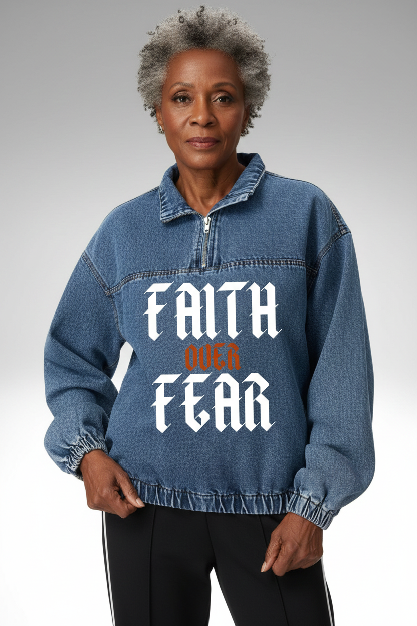 FAITH OVER FEAR DENIM HOODIE