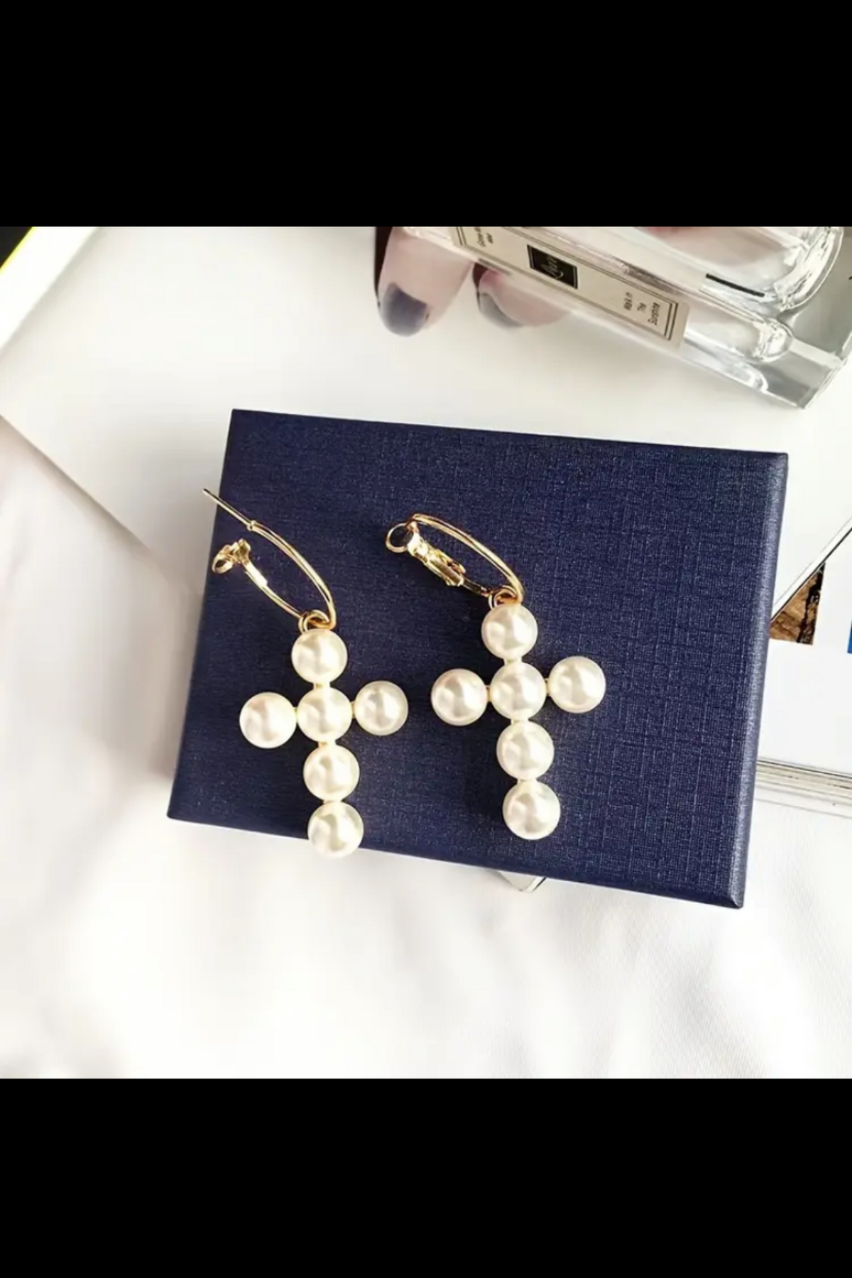 PEARL CROSS HOOP EARRINGS