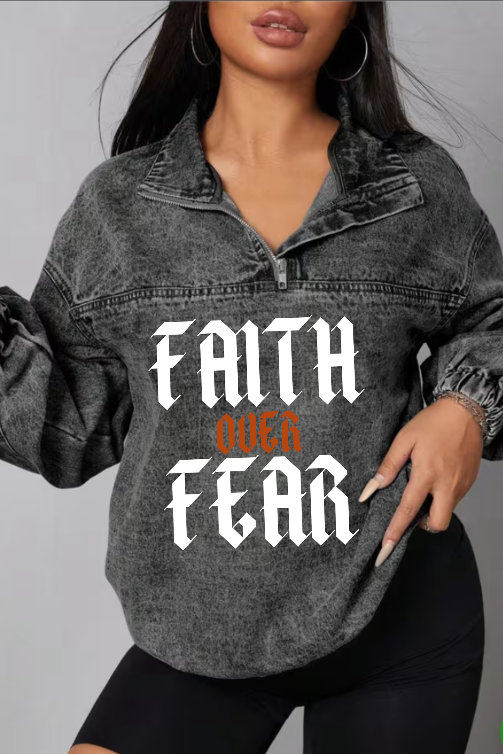 FAITH OVER FEAR DENIM HOODIE