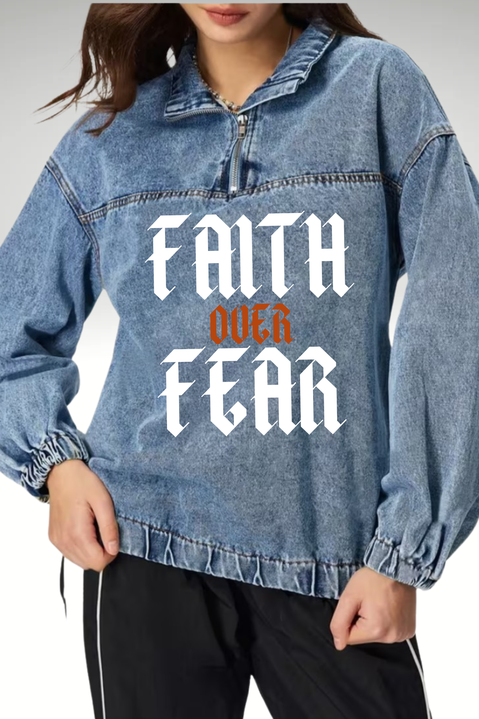 FAITH OVER FEAR DENIM HOODIE