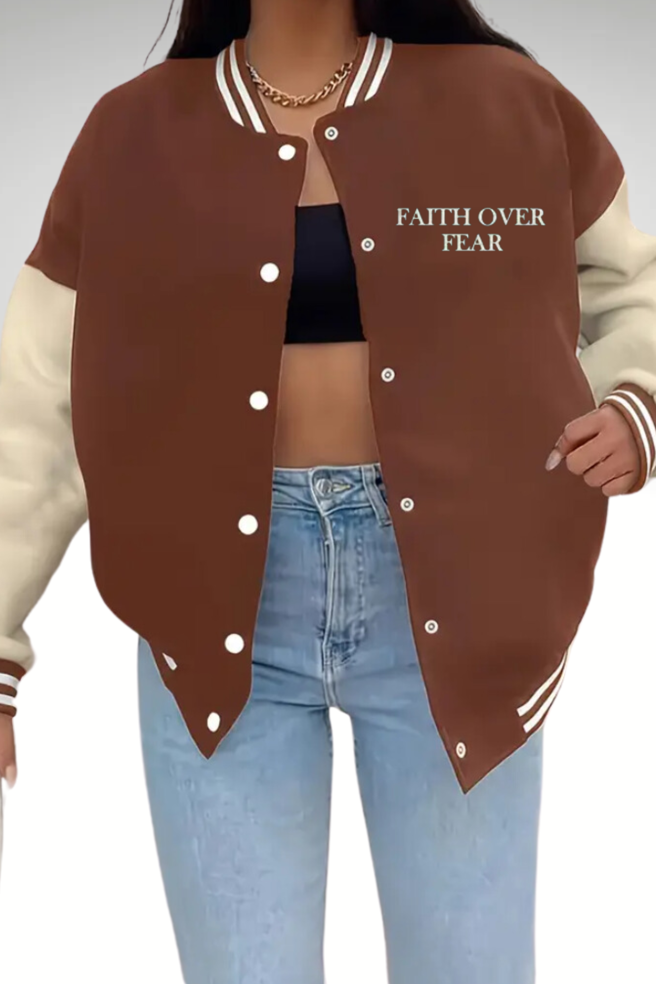 FAITH OVER FEAR WOMENS BASEBALL JACKET