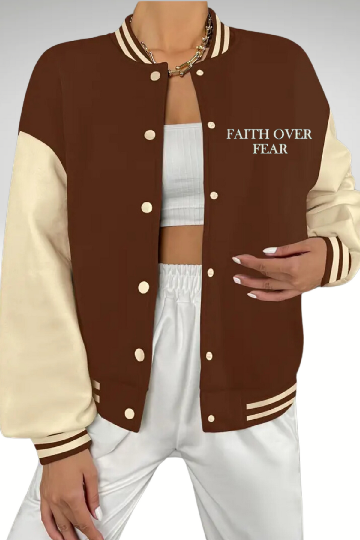 FAITH OVER FEAR WOMENS BASEBALL JACKET