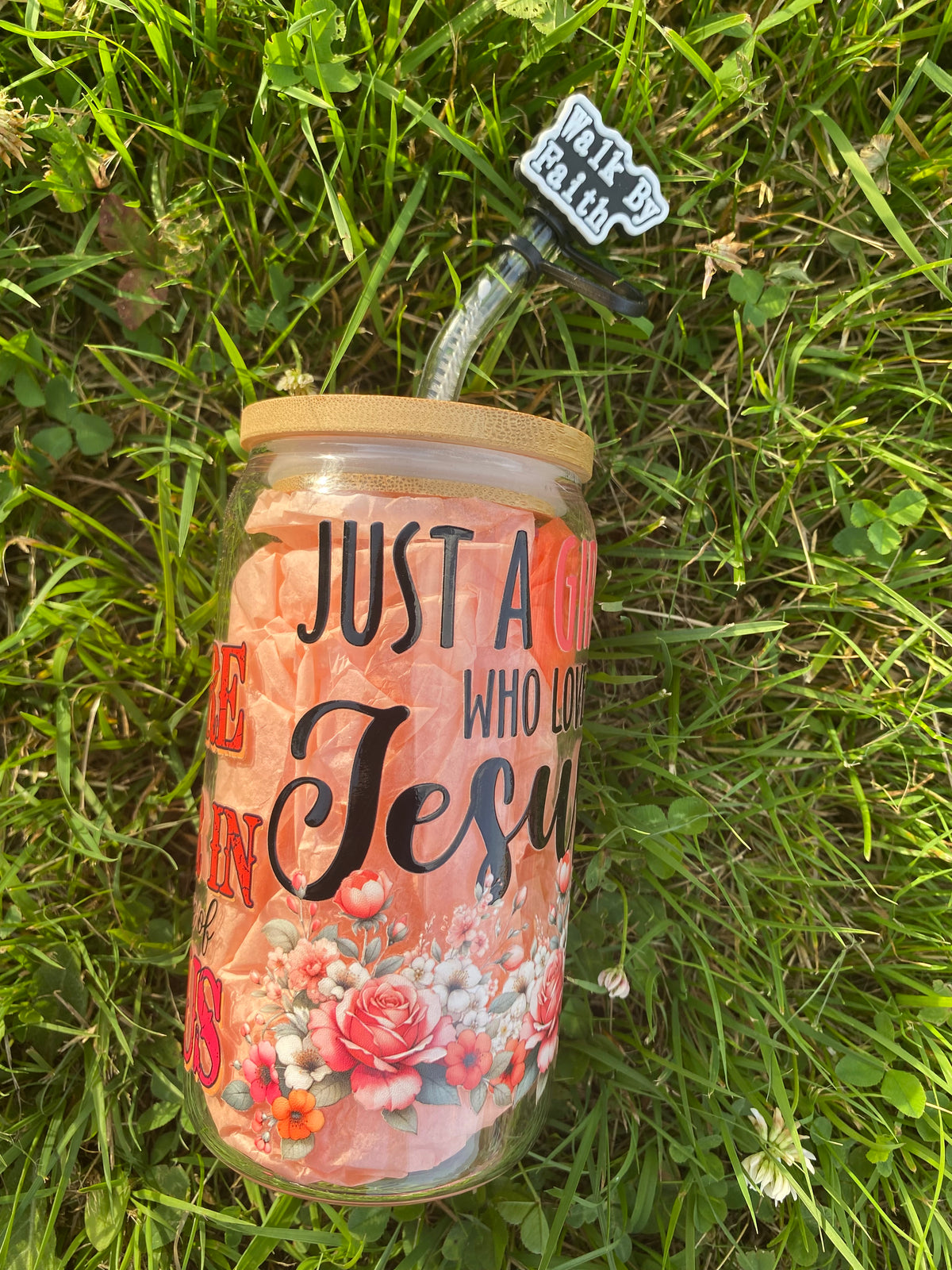 JUST A GIRL WHO LOVES JESUS GLASS JAR