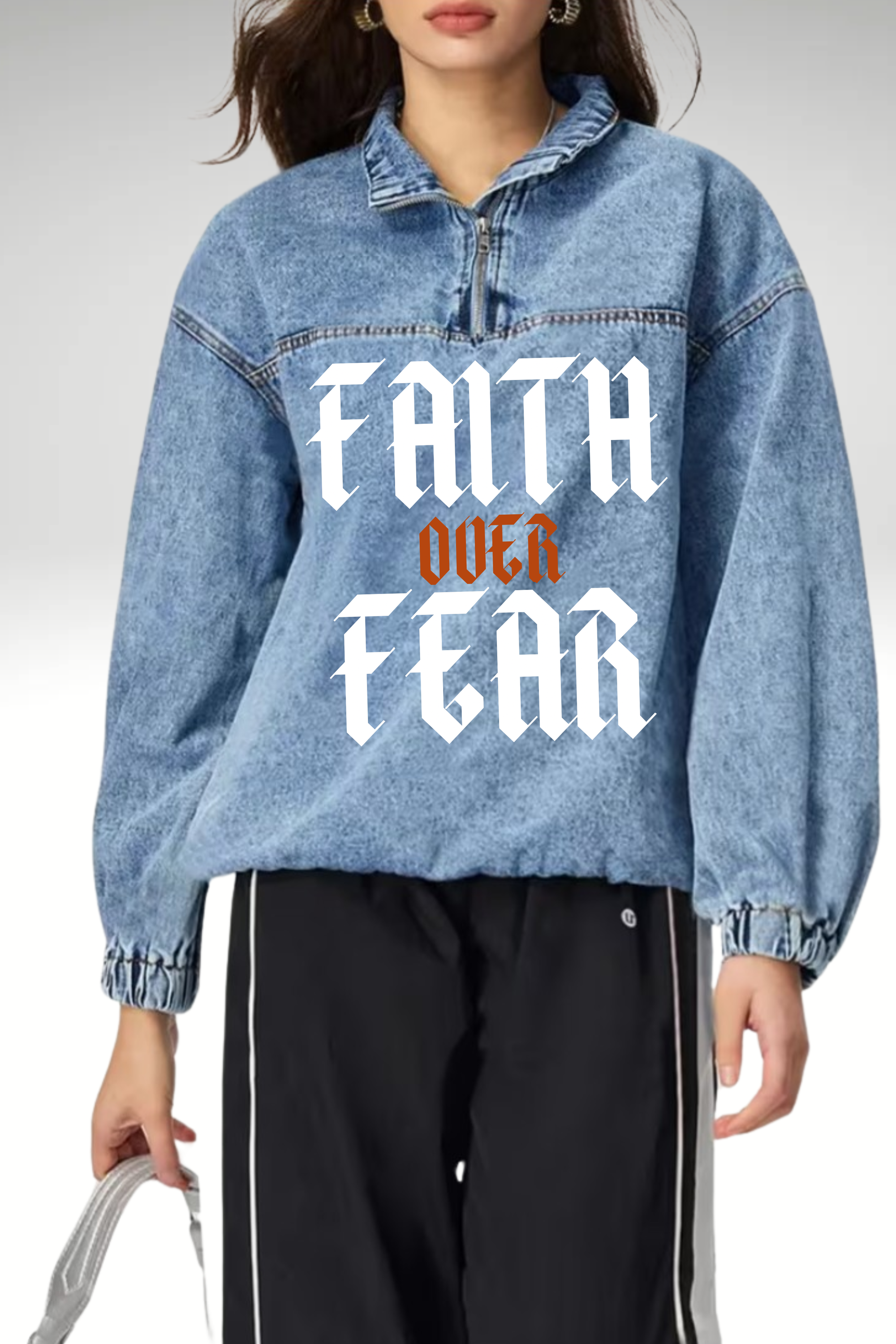 FAITH OVER FEAR DENIM HOODIE