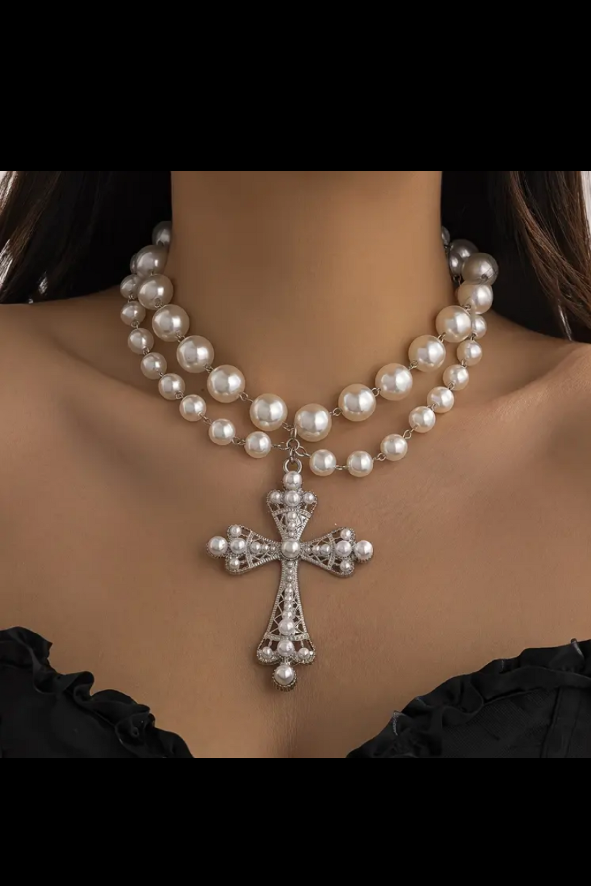BLACK PEARLS CROSS NECKLACE