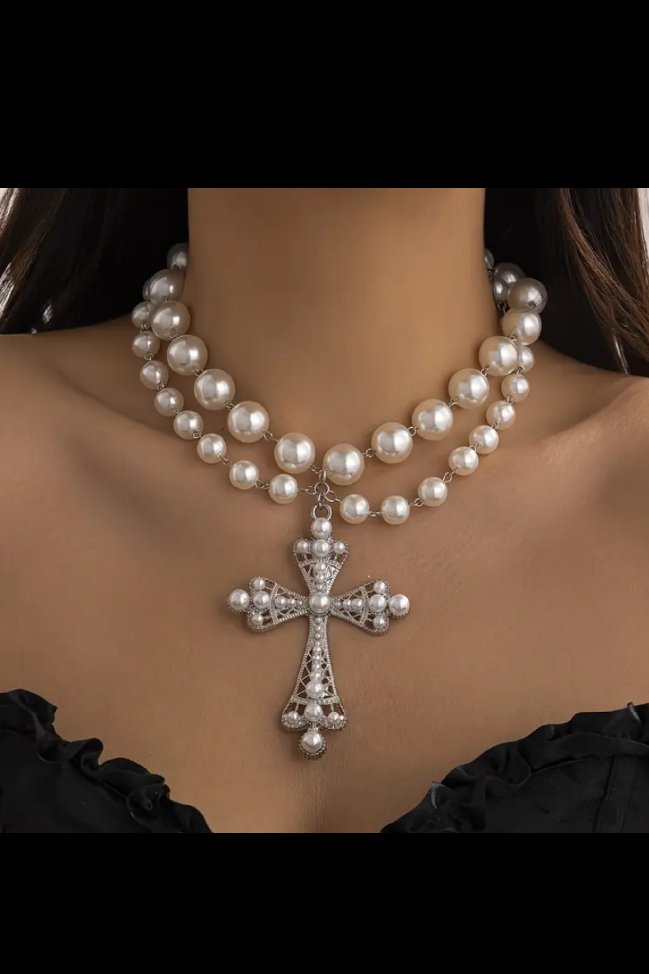 BLACK PEARLS CROSS NECKLACE