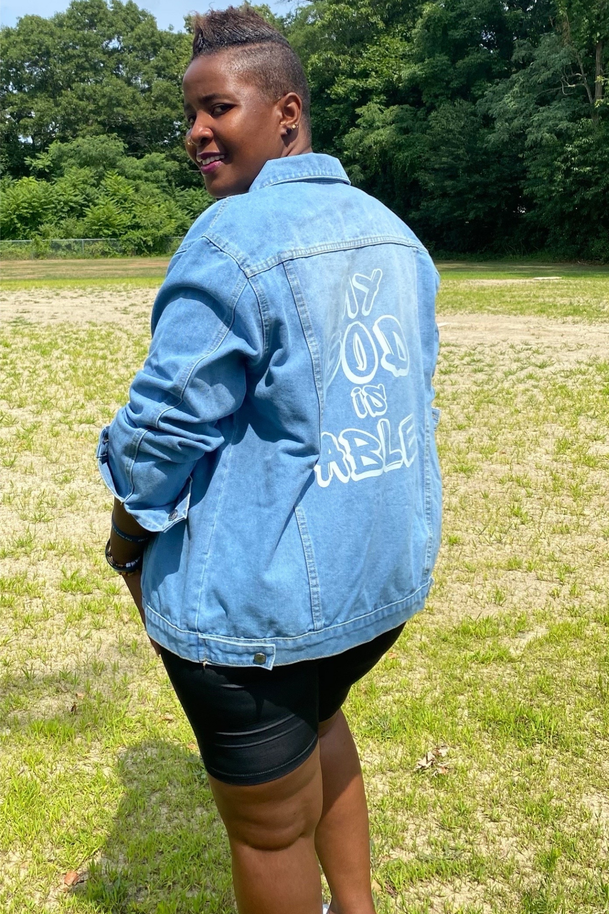 MY GOD IS ABLE WOMENS DENIM JACKET