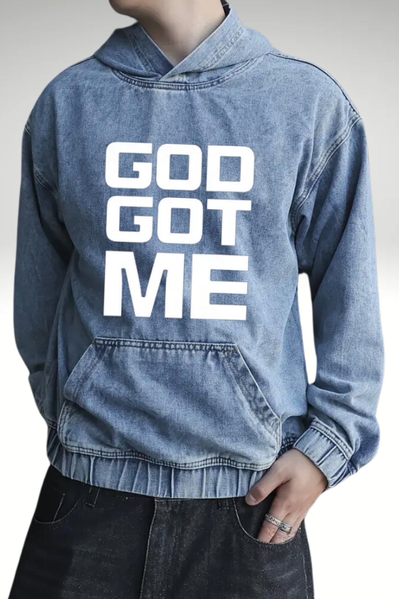 GOD GOT ME DENIM HOODIE