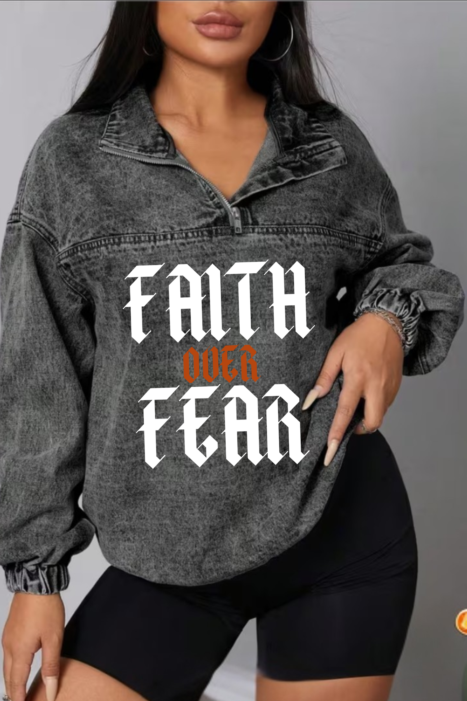 FAITH OVER FEAR DENIM HOODIE