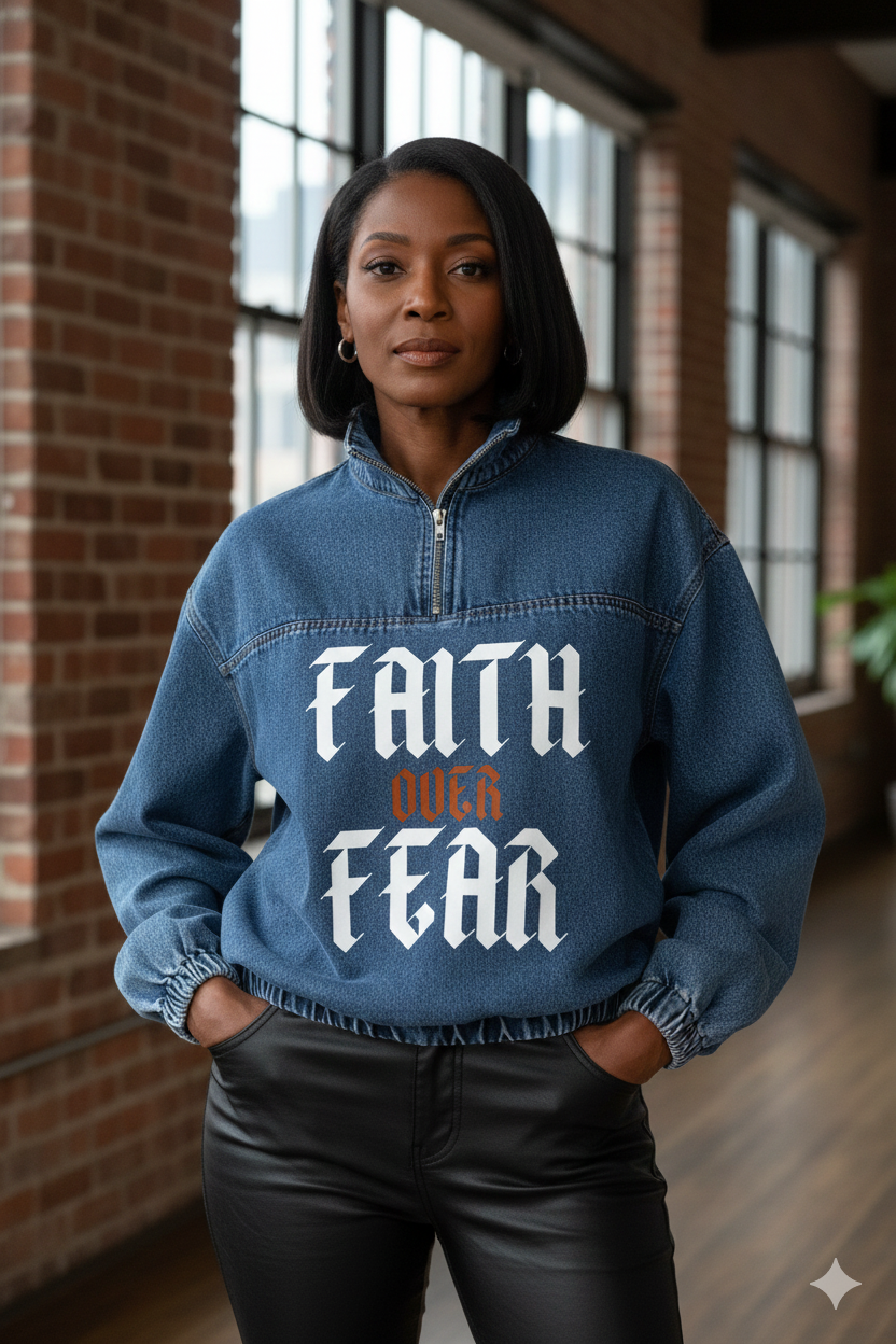 FAITH OVER FEAR DENIM HOODIE