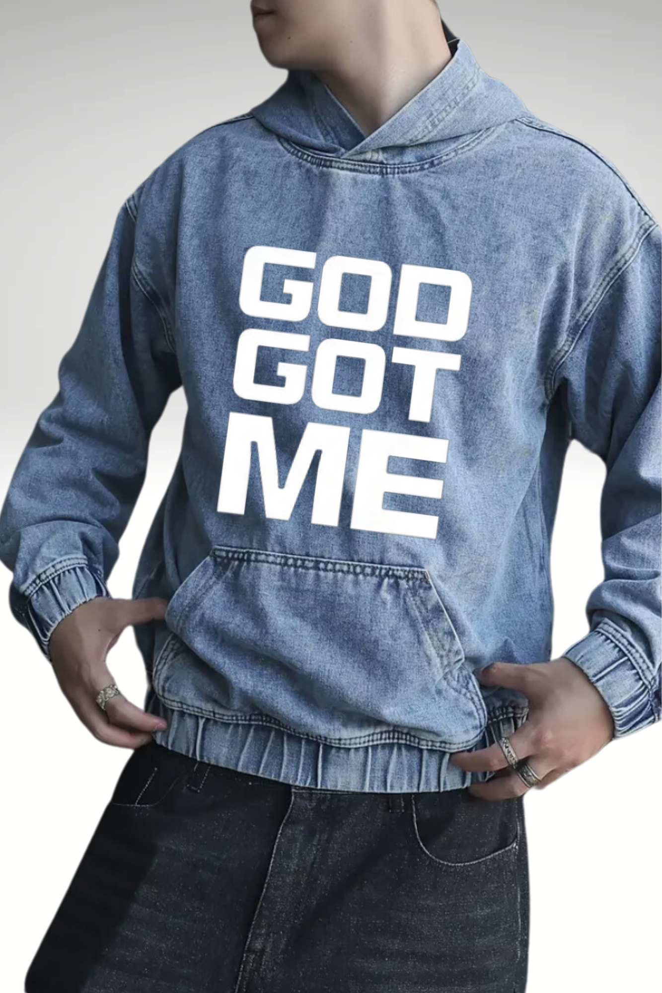GOD GOT ME DENIM HOODIE